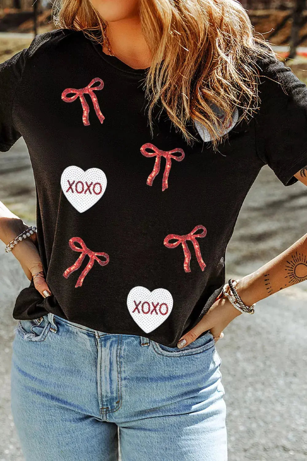 Valentines Bow XOXO Heart Sequin Patched Loose T Shirt Simply Love
