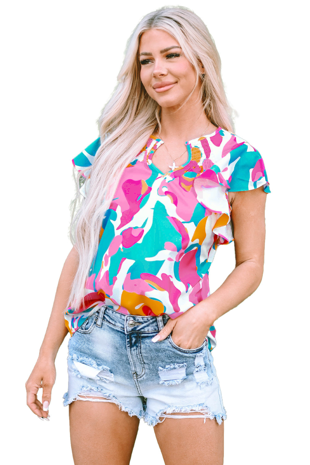 Multicolour Abstract Print Smocked Notched Neck Ruffle Blouse Divine Design4U