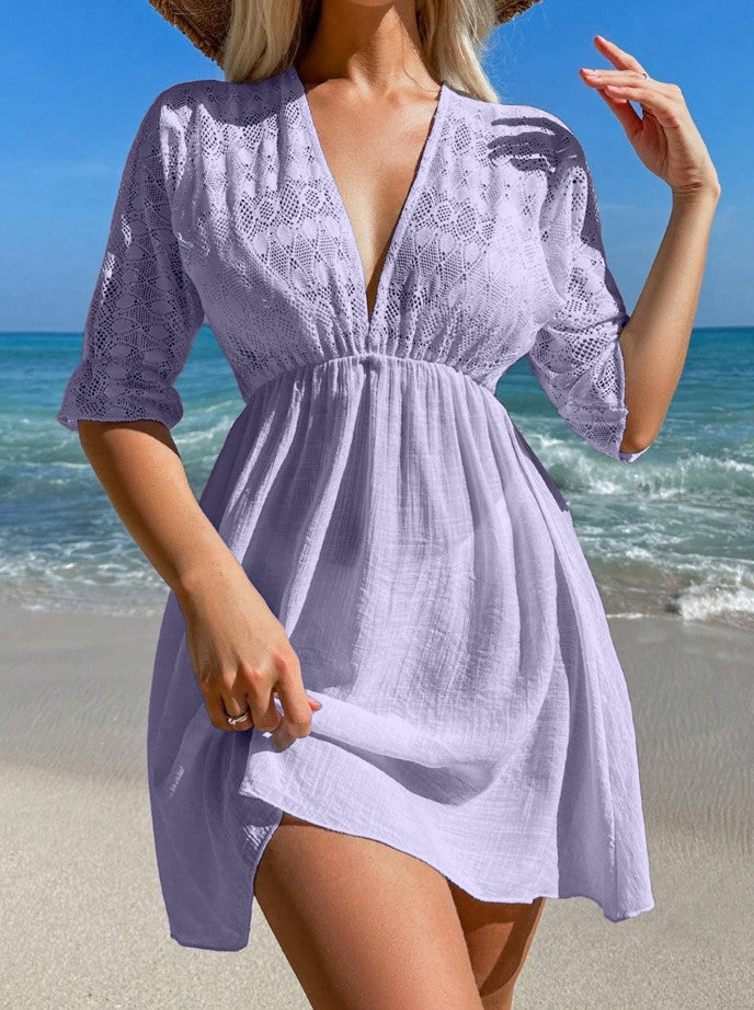 Beach Cover up Bikini V neck Sexy Sun Protection Shirt Loose Wave Pattern Beach Overskirt Women Bella Mia