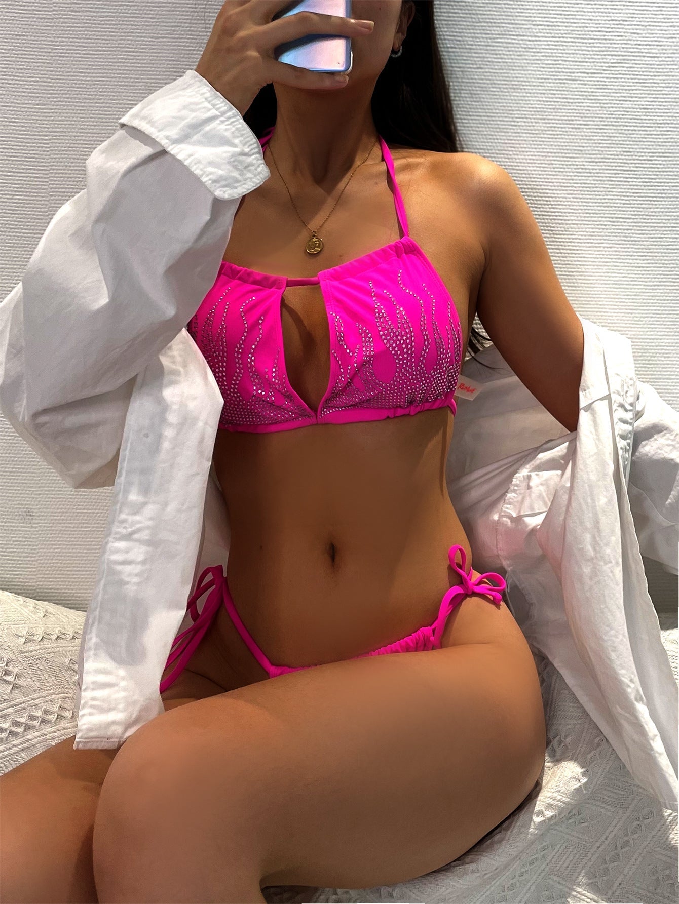 Swimsuit Solid Color Flame Rhinestone Bikini Sexy Lace Up Swimsuit Best Bella Mia