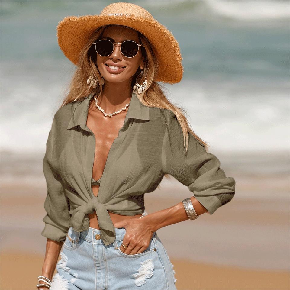 Summer Beach Sun Protection Clothing Bikini Short Cardigan Long Sleeve Blouse Vacation Sun Protection Shirt for Women Bella Mia