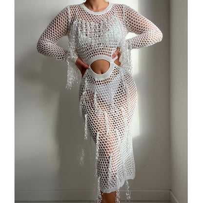 Bella Mia Apparel & Accessories > Clothing > Dresses - Hollow Out Cutout Knitted Sequin Tassel round Neck Cropped Outfit Long Sleeve Vacation Dress Sw