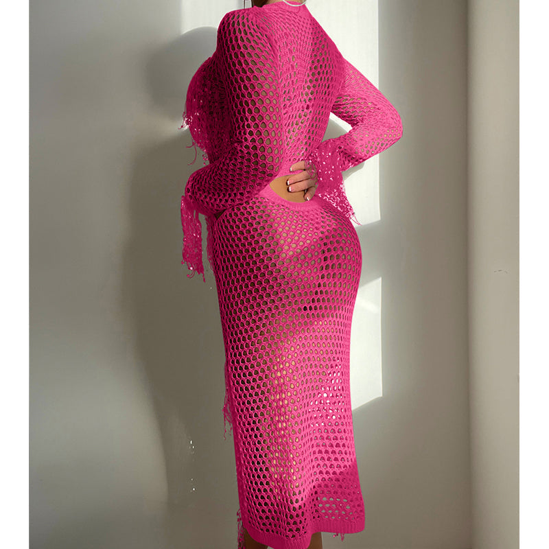 Bella Mia Apparel & Accessories > Clothing > Dresses - Hollow Out Cutout Knitted Sequin Tassel round Neck Cropped Outfit Long Sleeve Vacation Dress Sw Bella Mia