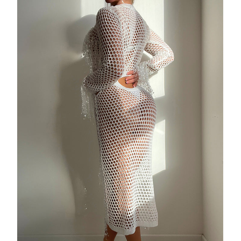 Bella Mia Apparel & Accessories > Clothing > Dresses - Hollow Out Cutout Knitted Sequin Tassel round Neck Cropped Outfit Long Sleeve Vacation Dress Sw Bella Mia