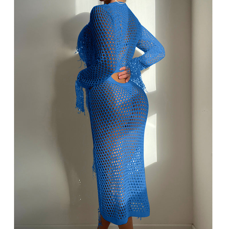 Bella Mia Apparel & Accessories > Clothing > Dresses - Hollow Out Cutout Knitted Sequin Tassel round Neck Cropped Outfit Long Sleeve Vacation Dress Sw