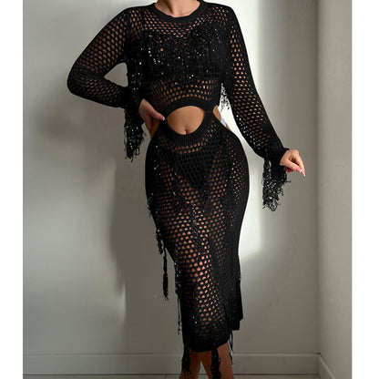 Bella Mia Apparel & Accessories > Clothing > Dresses - Hollow Out Cutout Knitted Sequin Tassel round Neck Cropped Outfit Long Sleeve Vacation Dress Sw