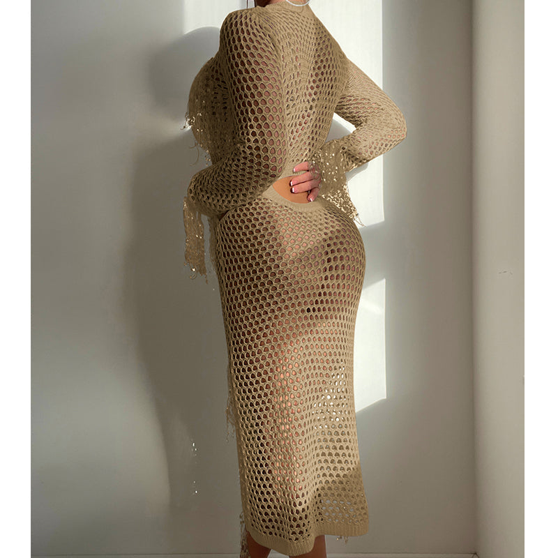 Bella Mia Apparel & Accessories > Clothing > Dresses - Hollow Out Cutout Knitted Sequin Tassel round Neck Cropped Outfit Long Sleeve Vacation Dress Sw Bella Mia