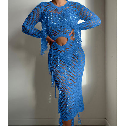 Bella Mia Apparel & Accessories > Clothing > Dresses - Hollow Out Cutout Knitted Sequin Tassel round Neck Cropped Outfit Long Sleeve Vacation Dress Sw