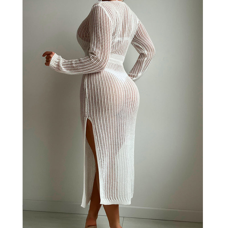 Sexy Hollow Out Cutout Knitted Deep V Plunge Lace up Waist Controlled Long Sleeve Split Skirt Vacation Dress Swimsuit Blouse Crochet hook Bella Mia