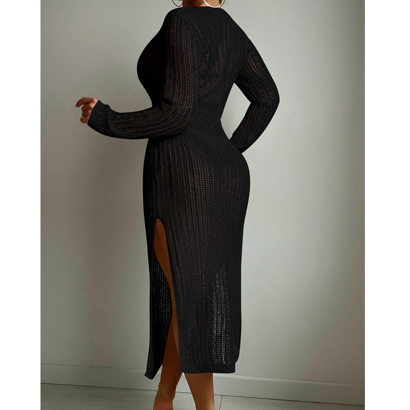 Sexy Hollow Out Cutout Knitted Deep V Plunge Lace up Waist Controlled Long Sleeve Split Skirt Vacation Dress Swimsuit Blouse Crochet hook Bella Mia