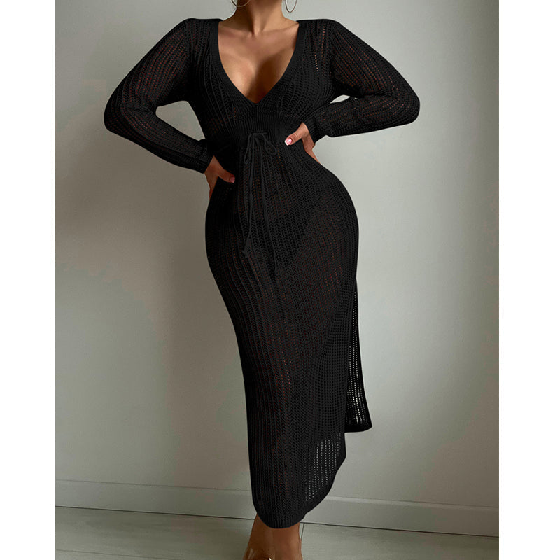 Sexy Hollow Out Cutout Knitted Deep V Plunge Lace up Waist Controlled Long Sleeve Split Skirt Vacation Dress Swimsuit Blouse Crochet hook Bella Mia