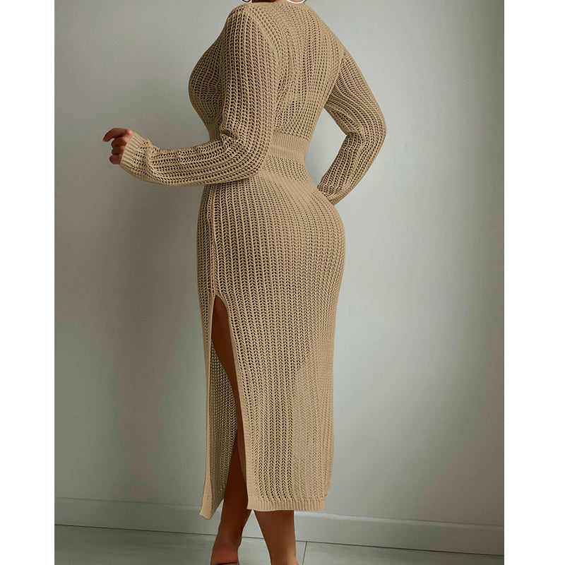 Sexy Hollow Out Cutout Knitted Deep V Plunge Lace up Waist Controlled Long Sleeve Split Skirt Vacation Dress Swimsuit Blouse Crochet hook Bella Mia