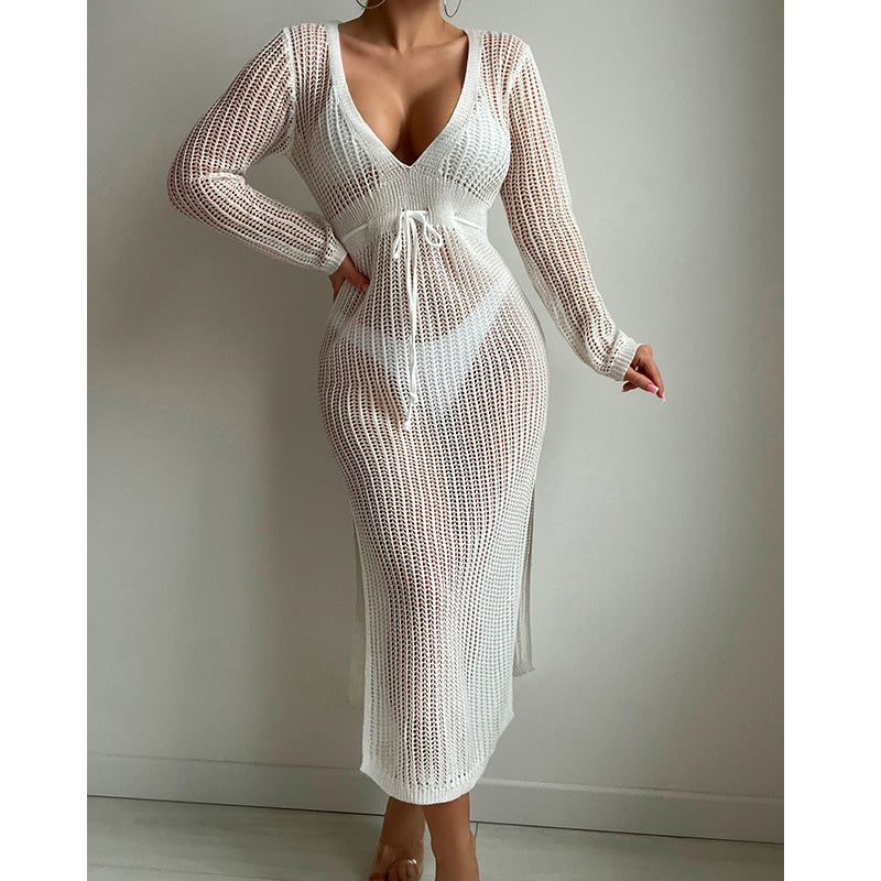 Sexy Hollow Out Cutout Knitted Deep V Plunge Lace up Waist Controlled Long Sleeve Split Skirt Vacation Dress Swimsuit Blouse Crochet hook Bella Mia