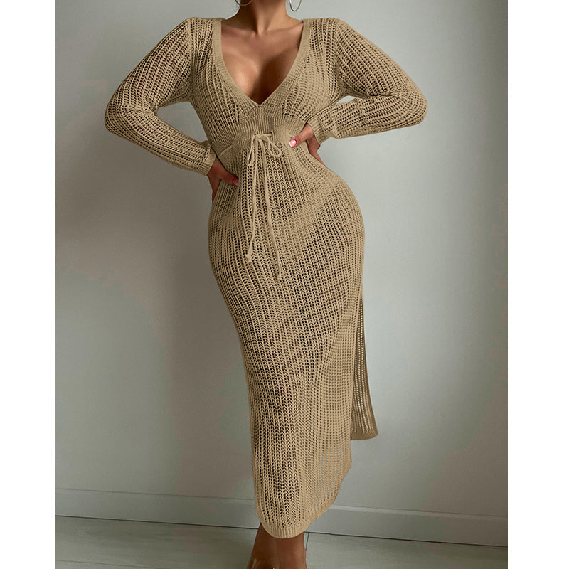 Sexy Hollow Out Cutout Knitted Deep V Plunge Lace up Waist Controlled Long Sleeve Split Skirt Vacation Dress Swimsuit Blouse Crochet hook Bella Mia
