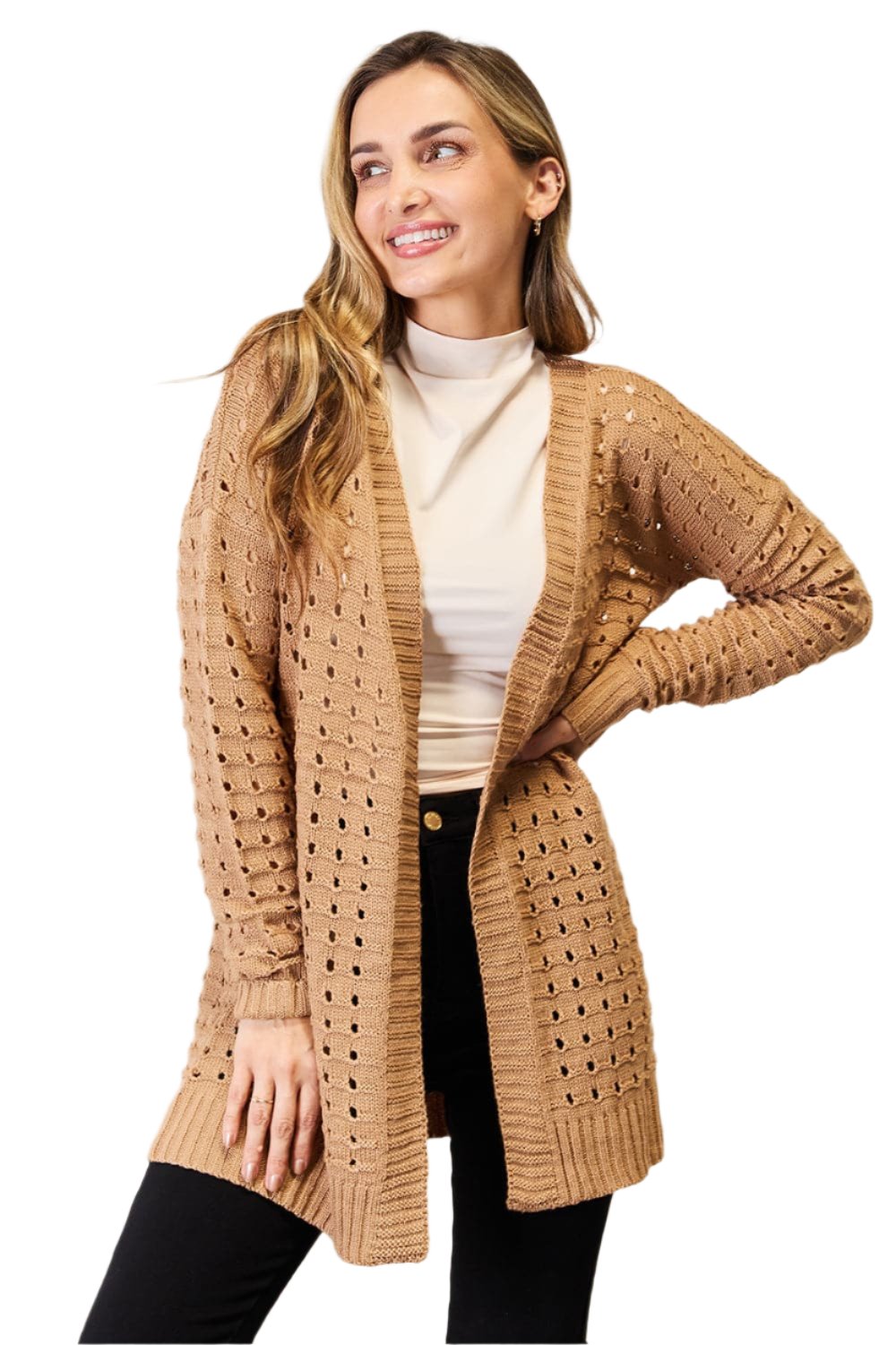 Woven Right Openwork Horizontal Ribbing Open Front Cardigan.