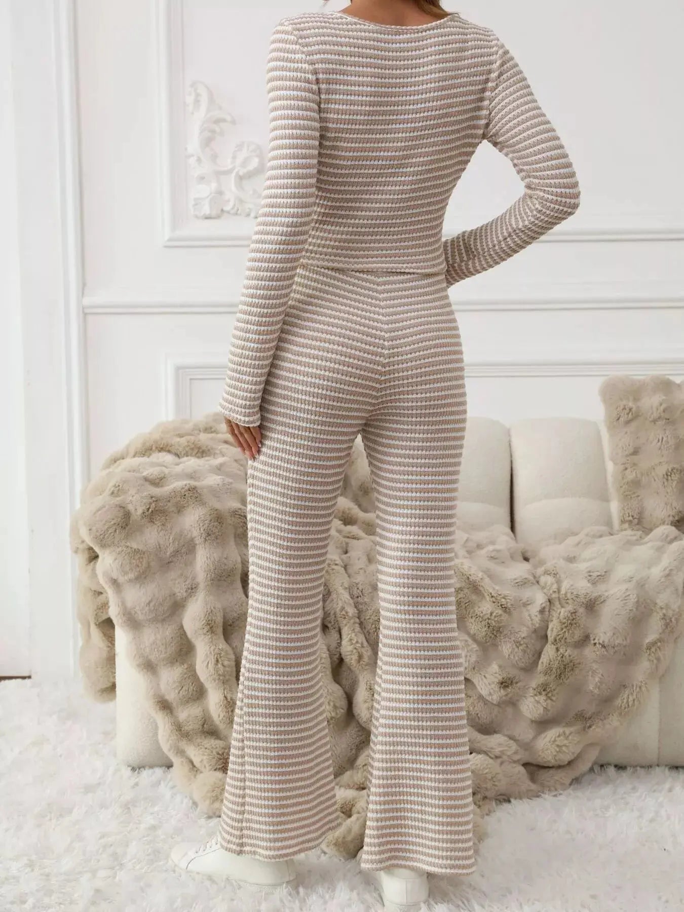 Striped Knit Long Sleeve Top & Flare Leg Pants Set Simply Love