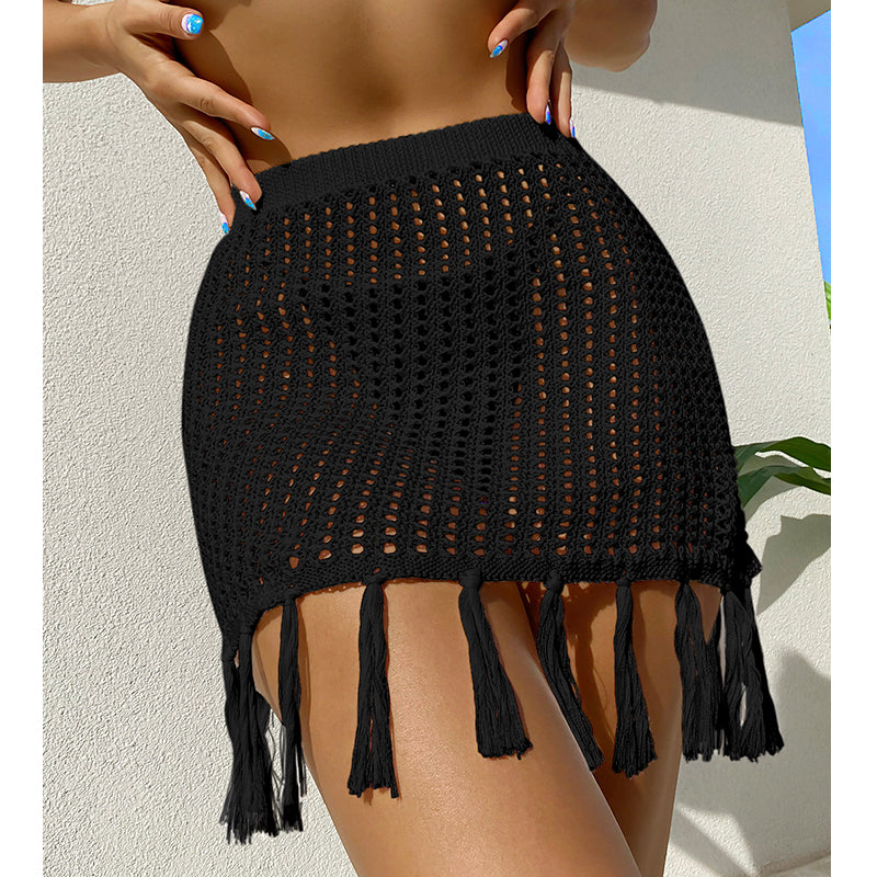 Sexy Vacation Empty See through Vacation Sun Protection Knitted Dress Tassel Skirt Beach Cover up Skirt Crochet hook Bella Mia