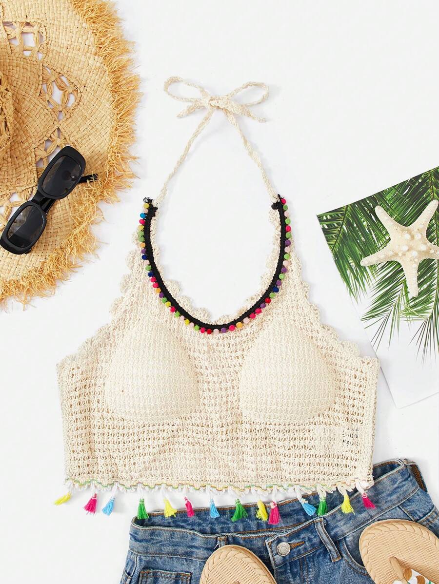 Colorful Tassel Crocheted Openwork Sling Back Strap Top Crochet hook Bella Mia