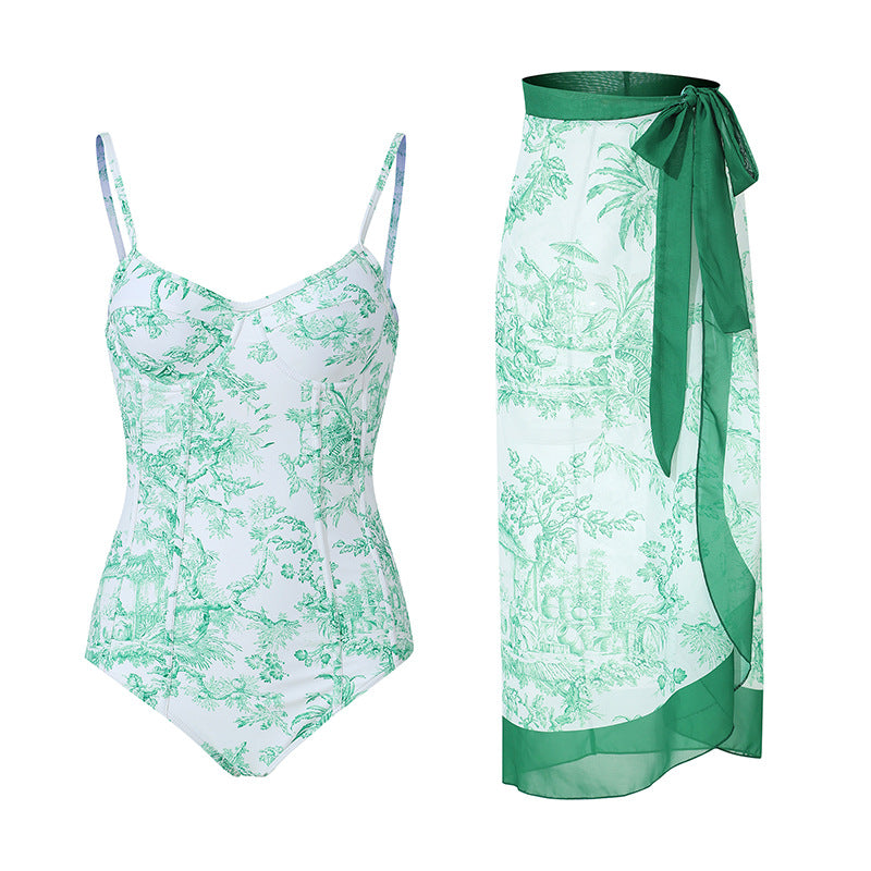 Vintage Printed Swimsuit Conservative Swimsuit Women Polyester Printed Beach Skirt Set Bella Mia