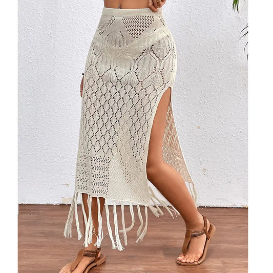 High Slit Tassel Sexy Texture Skirt Beach Vacation Bikini Overskirt Crochet hook Bella Mia