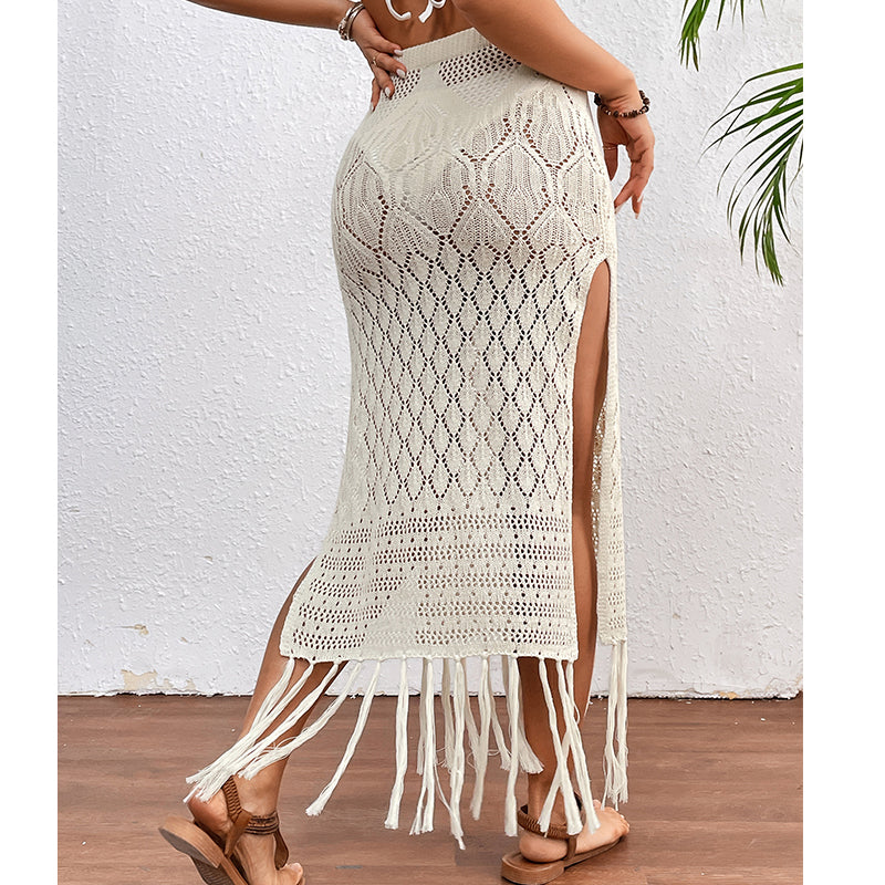 High Slit Tassel Sexy Texture Skirt Beach Vacation Bikini Overskirt Crochet hook Bella Mia