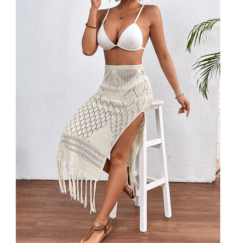 High Slit Tassel Sexy Texture Skirt Beach Vacation Bikini Overskirt Crochet hook Bella Mia