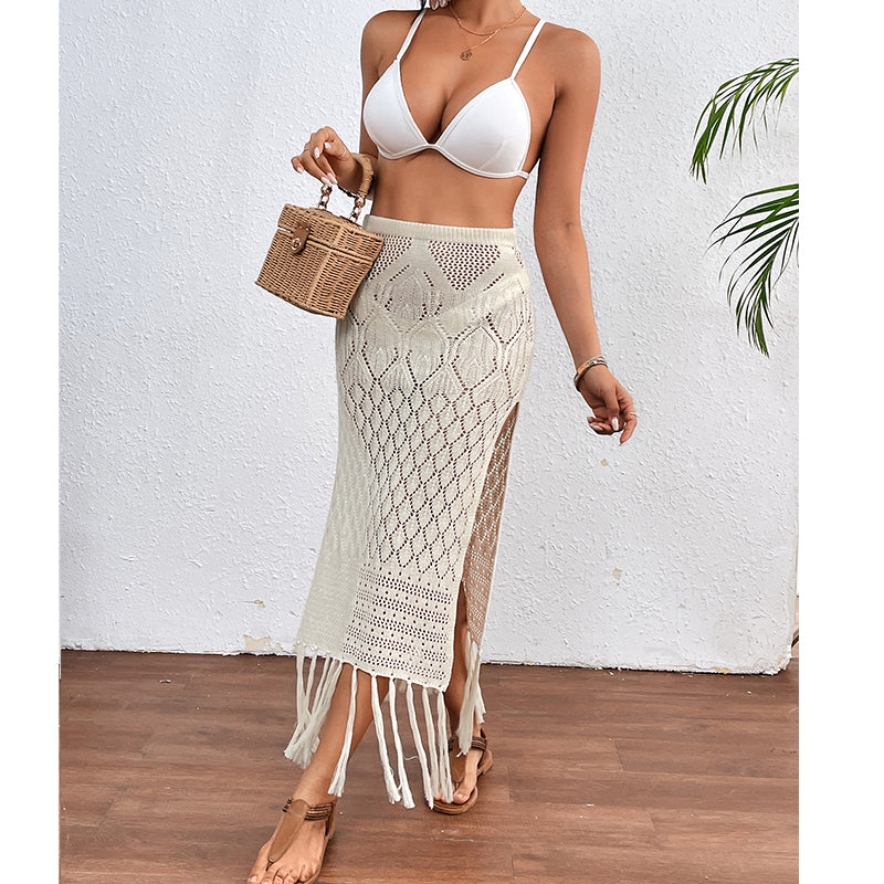 High Slit Tassel Sexy Texture Skirt Beach Vacation Bikini Overskirt Crochet hook Bella Mia