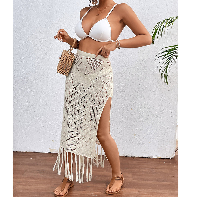 High Slit Tassel Sexy Texture Skirt Beach Vacation Bikini Overskirt Crochet hook Bella Mia