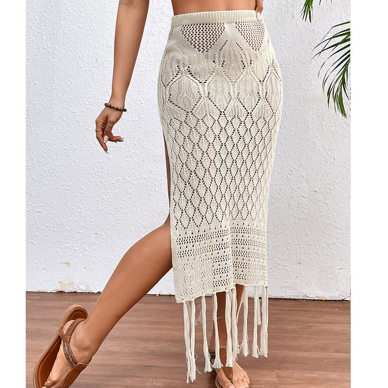 High Slit Tassel Sexy Texture Skirt Beach Vacation Bikini Overskirt Crochet hook Bella Mia