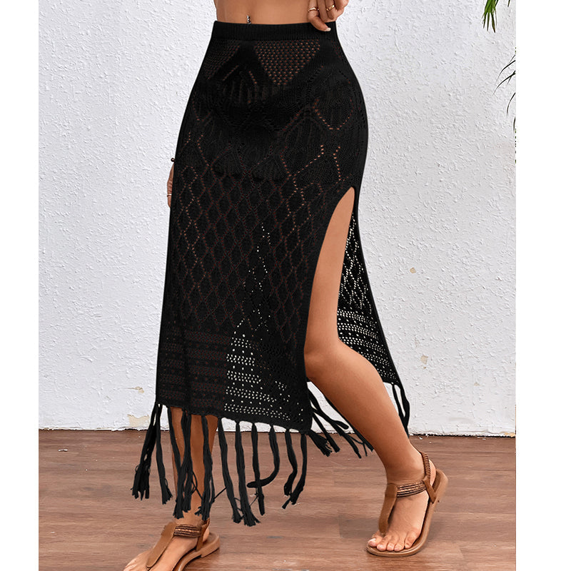 High Slit Tassel Sexy Texture Skirt Beach Vacation Bikini Overskirt Crochet hook Bella Mia
