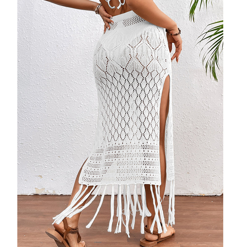 High Slit Tassel Sexy Texture Skirt Beach Vacation Bikini Overskirt Crochet hook Bella Mia
