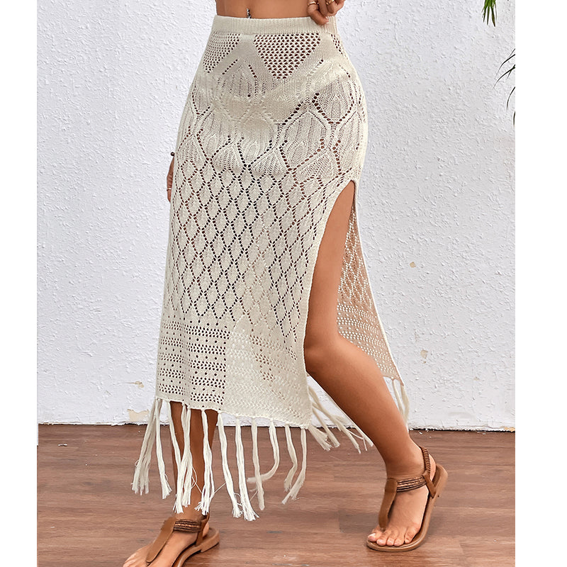 High Slit Tassel Sexy Texture Skirt Beach Vacation Bikini Overskirt Crochet hook Bella Mia