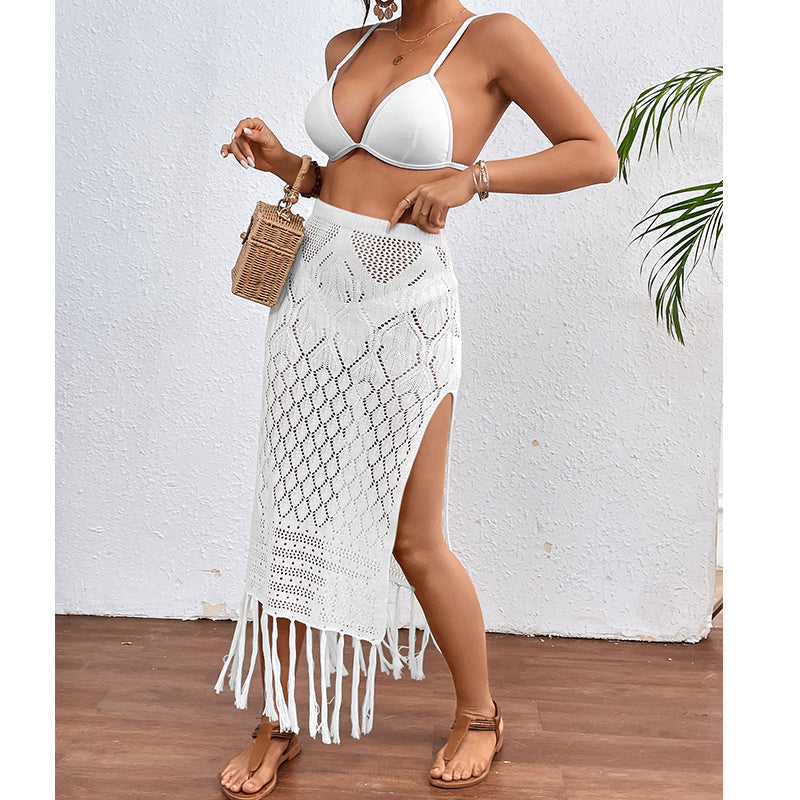 High Slit Tassel Sexy Texture Skirt Beach Vacation Bikini Overskirt Crochet hook Bella Mia