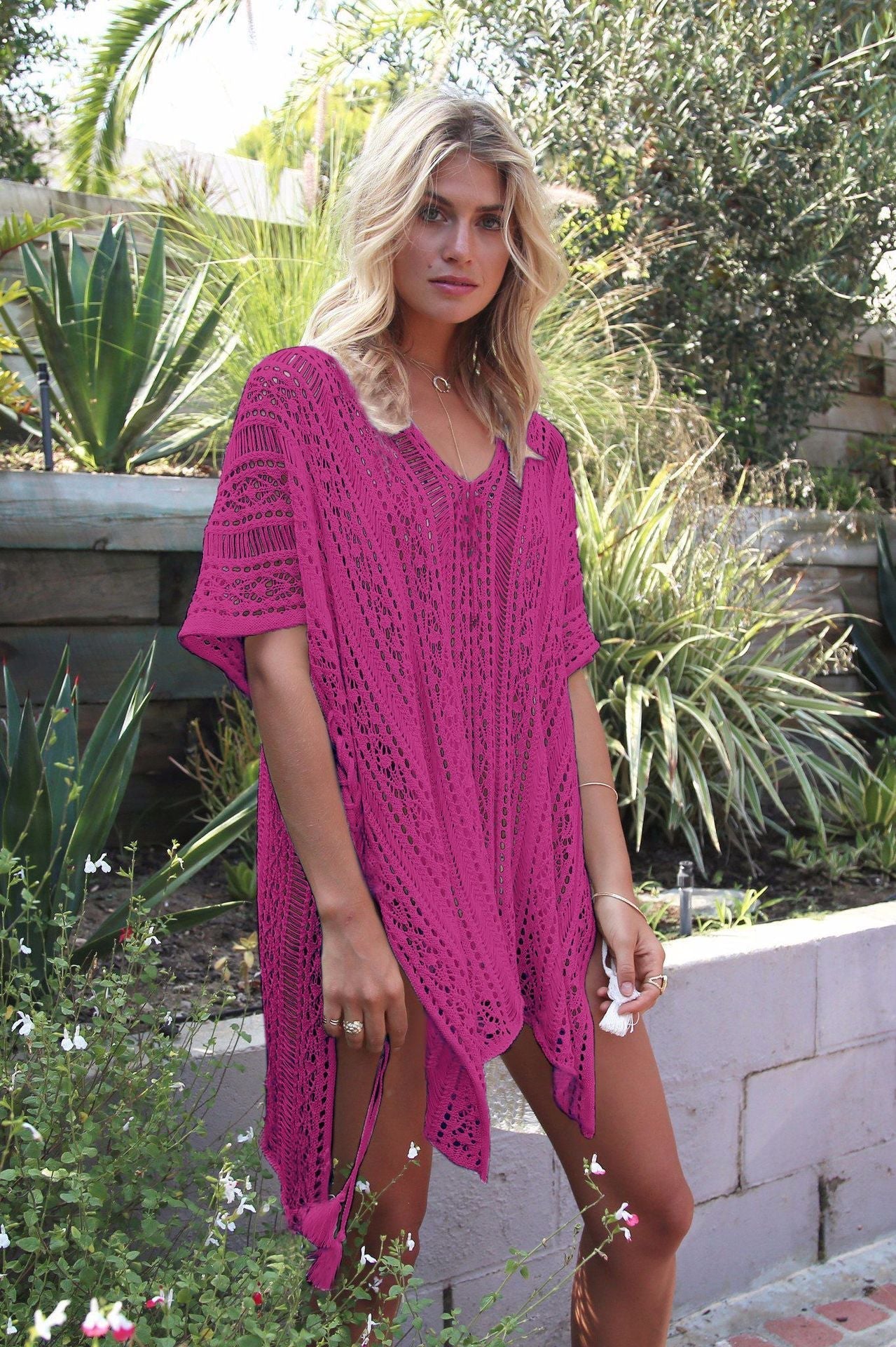 Hand Crocheting Hollow Out Cutout Beach Dress Knitted Women Sling Seaside Vacation Sexy Loose Bikini Beach Cover up Bella Mia