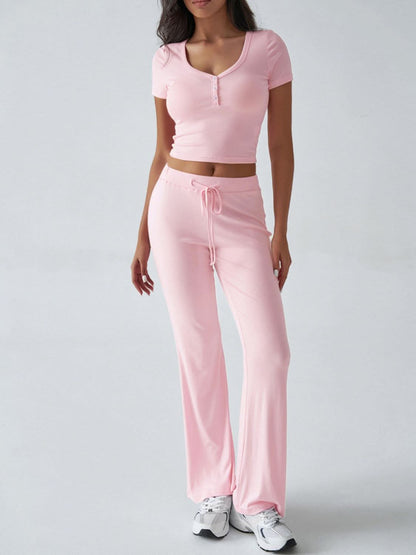 Chic Two-Piece Short Sleeve Top and Drawstring Pants Set