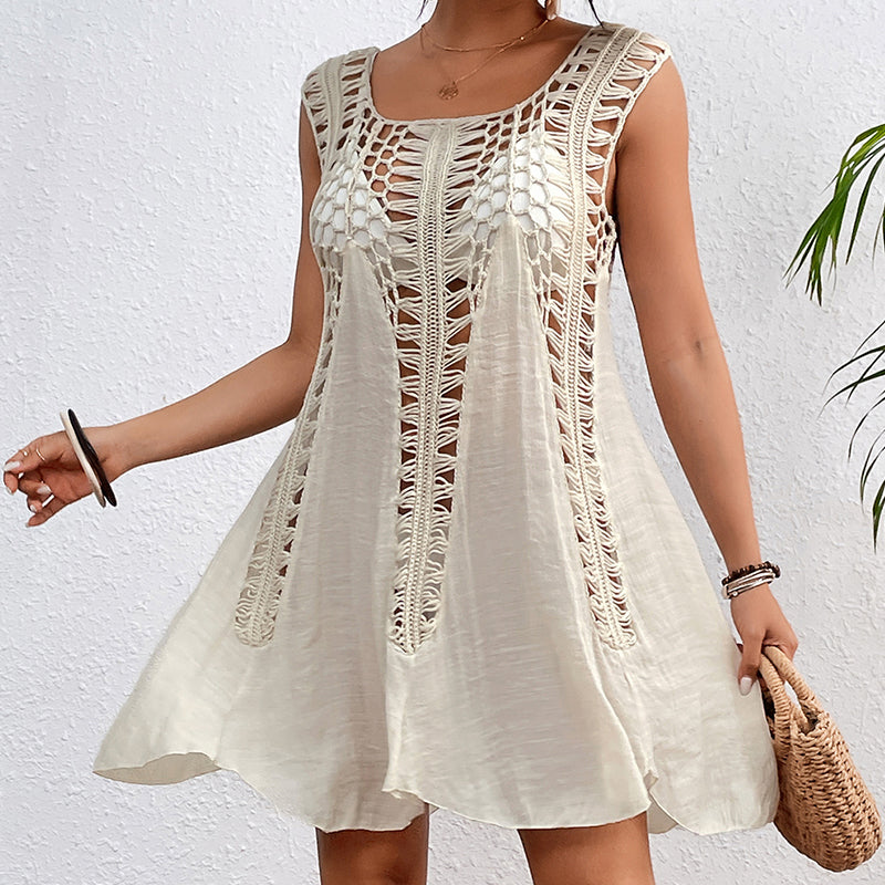 Holiday Hand Hook Solid Color Stitching Dress Sun Protection Sexy Mid Length Beach Blouse Crochet hook Bella Mia