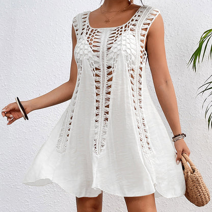Holiday Hand Hook Solid Color Stitching Dress Sun Protection Sexy Mid Length Beach Blouse Crochet hook