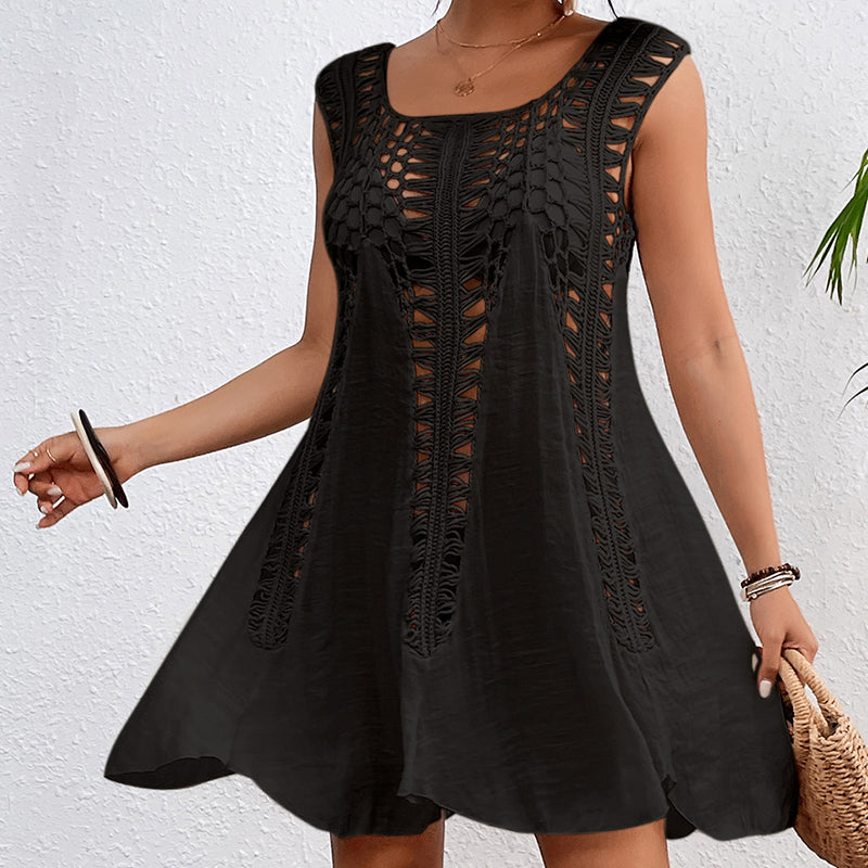Holiday Hand Hook Solid Color Stitching Dress Sun Protection Sexy Mid Length Beach Blouse Crochet hook Bella Mia