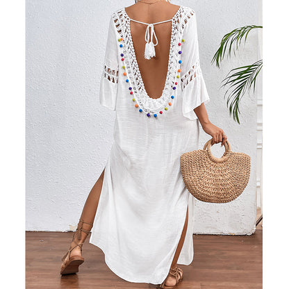 Women Hand Hook Stitching Colorful Ball Sexy Hollow Out Cutout Backless Loose Beach Long Cover Dress Crochet hook