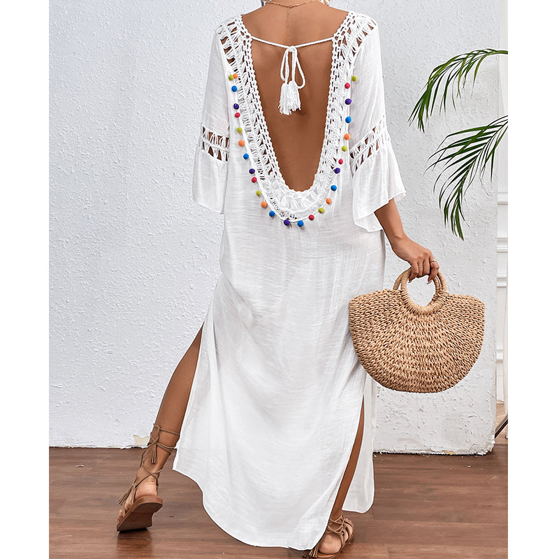 Women Hand Hook Stitching Colorful Ball Sexy Hollow Out Cutout Backless Loose Beach Long Cover Dress Crochet hook Bella Mia
