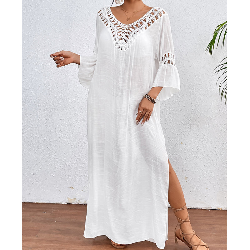 Women Hand Hook Stitching Colorful Ball Sexy Hollow Out Cutout Backless Loose Beach Long Cover Dress Crochet hook Bella Mia