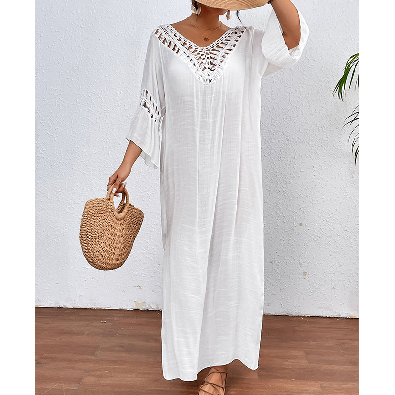 Women Hand Hook Stitching Colorful Ball Sexy Hollow Out Cutout Backless Loose Beach Long Cover Dress Crochet hook Bella Mia