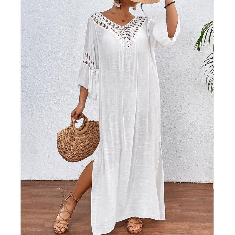 Women Hand Hook Stitching Colorful Ball Sexy Hollow Out Cutout Backless Loose Beach Long Cover Dress Crochet hook Bella Mia