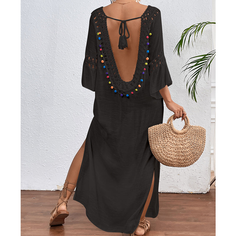 Women Hand Hook Stitching Colorful Ball Sexy Hollow Out Cutout Backless Loose Beach Long Cover Dress Crochet hook Bella Mia