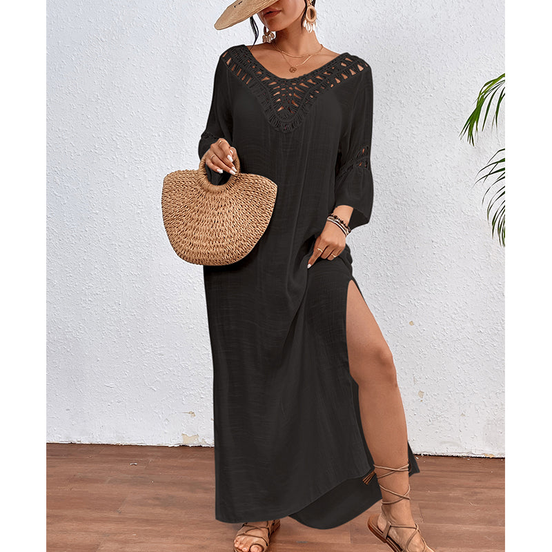 Women Hand Hook Stitching Colorful Ball Sexy Hollow Out Cutout Backless Loose Beach Long Cover Dress Crochet hook Bella Mia