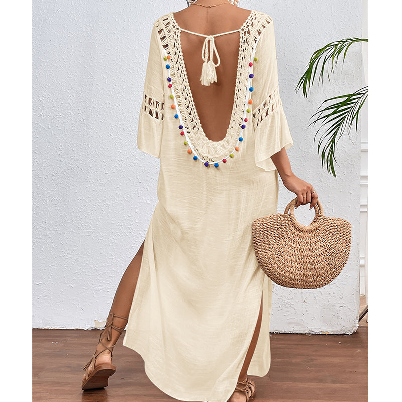 Women Hand Hook Stitching Colorful Ball Sexy Hollow Out Cutout Backless Loose Beach Long Cover Dress Crochet hook Bella Mia