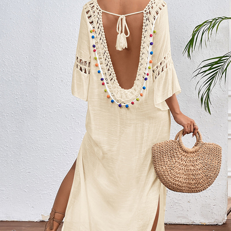 Women Hand Hook Stitching Colorful Ball Sexy Hollow Out Cutout Backless Loose Beach Long Cover Dress Crochet hook Bella Mia