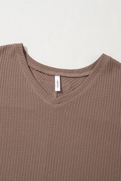 Coffee V-neck waffle knit blouse