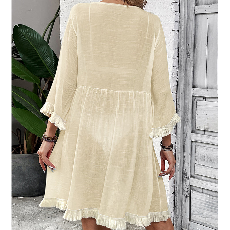 Women Clothing Holiday Neckline Lace Decorative Beach Blouse Holiday Sun Protection Loose Blouse Crochet hook Bella Mia