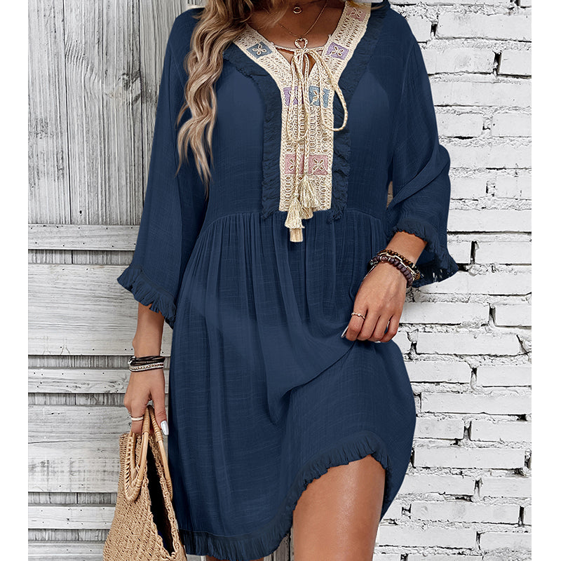 Women Clothing Holiday Neckline Lace Decorative Beach Blouse Holiday Sun Protection Loose Blouse Crochet hook Bella Mia